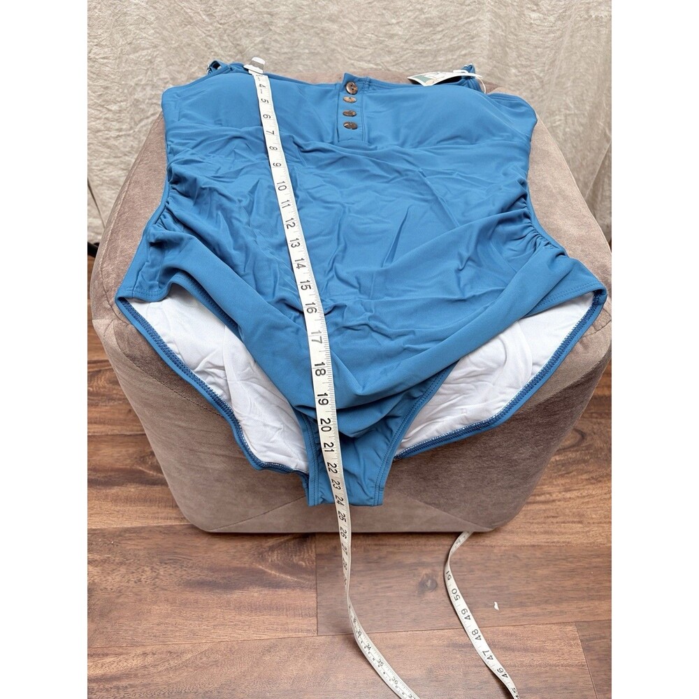 B2PRITY Blue One Piece Swimsuit Button Front Adjustable Straps Ruched Size XL - Picture 6 of 8